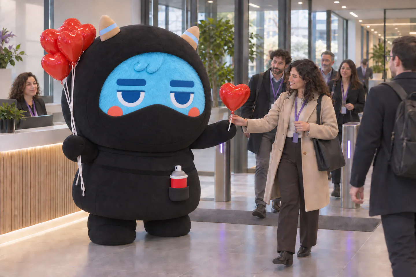 Activación de Klarimba en la entrada de una empresa con un Pumpy que recibe al equipo