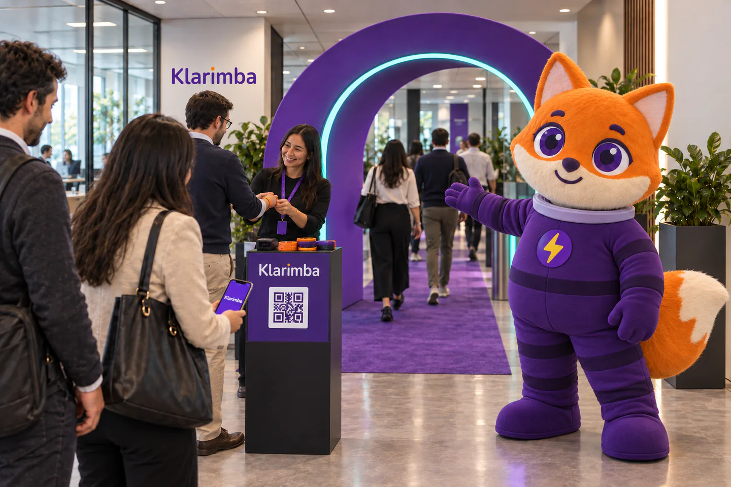 Activación empresarial de Klarimba con acceso mediante código QR y un Pumpy