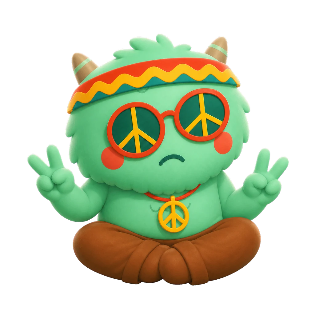 Forest Pumpy verde, sabio protector, sentado mientras medita